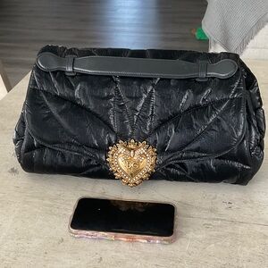 Dolce & Gabbana Black Clutch with Gold Heart Emblem